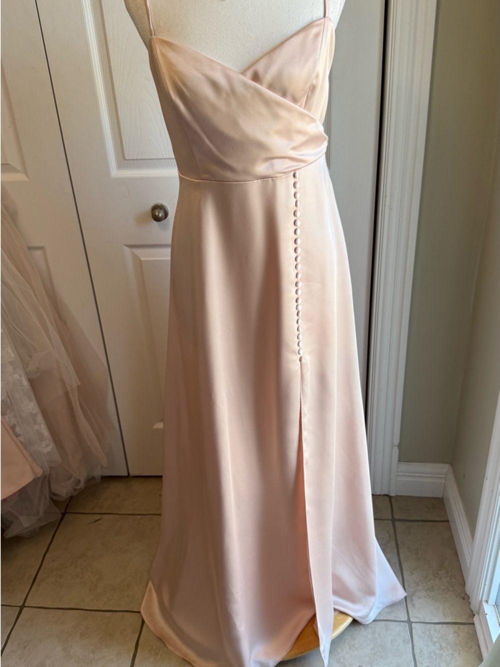 Dessy Collection Blush Cameo Maxi Dress with Button Front Detail